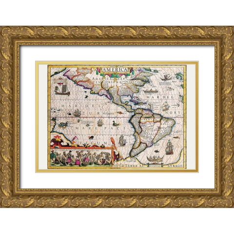 The Americas Gold Ornate Wood Framed Art Print with Double Matting by Hondius, Jodocus