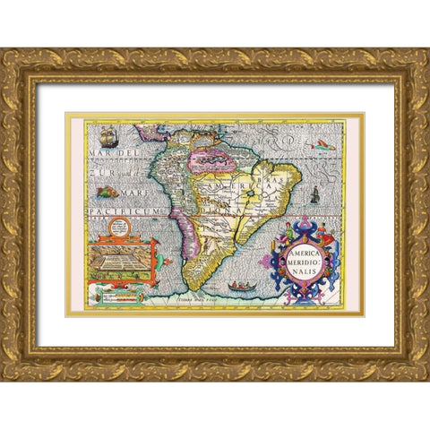 South America Gold Ornate Wood Framed Art Print with Double Matting by Hondius, Jodocus
