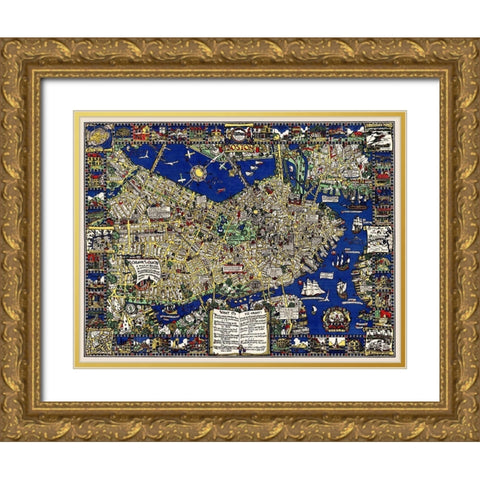 A map of Boston decorative and historical Gold Ornate Wood Framed Art Print with Double Matting by Clark, Blake Everett