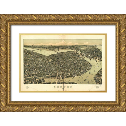 Boston in 1889 A Birds Eye View Gold Ornate Wood Framed Art Print with Double Matting by George Walker and Co