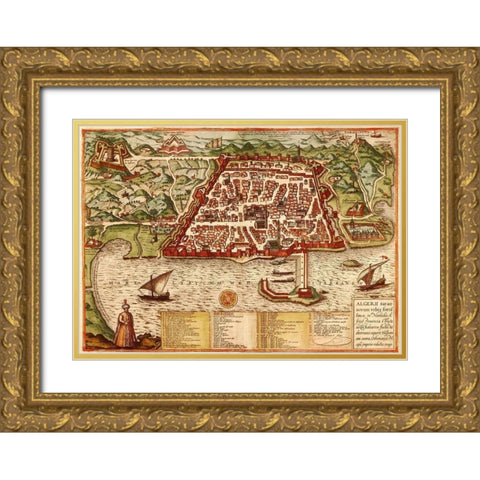 Algiers Algeria Gold Ornate Wood Framed Art Print with Double Matting by Hogenberg, Braun
