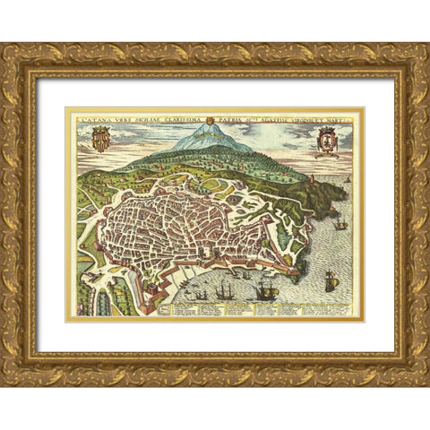 Catania Sicily Gold Ornate Wood Framed Art Print with Double Matting by Hogenberg, Braun
