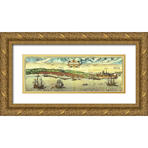 Elsinore Denmark Gold Ornate Wood Framed Art Print with Double Matting by Hogenberg, Braun