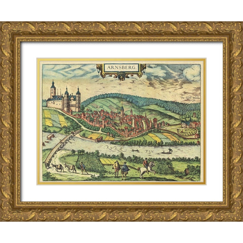 Arnsberg Germany Gold Ornate Wood Framed Art Print with Double Matting by Hogenberg, Braun