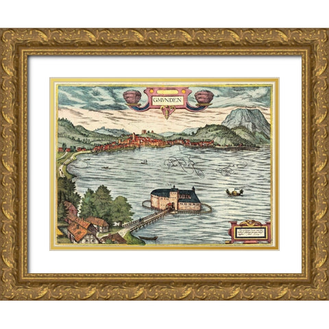 Gmunden Austria  Gold Ornate Wood Framed Art Print with Double Matting by Hogenberg, Braun