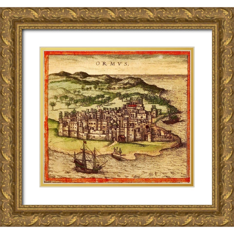 Hormuz Persia Iran Gold Ornate Wood Framed Art Print with Double Matting by Hogenberg, Braun