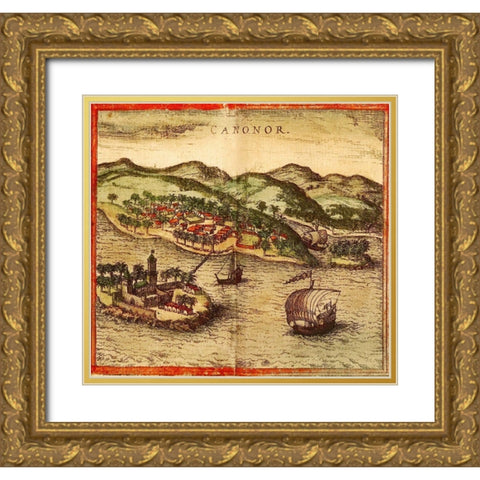 Cannanore Kannur India Gold Ornate Wood Framed Art Print with Double Matting by Hogenberg, Braun