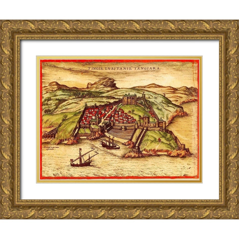 Tangiers Morocco Gold Ornate Wood Framed Art Print with Double Matting by Hogenberg, Braun