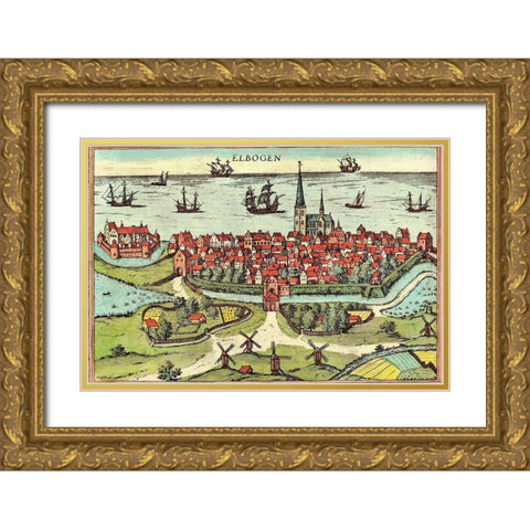 Malmo Sweden Gold Ornate Wood Framed Art Print with Double Matting by Hogenberg, Braun
