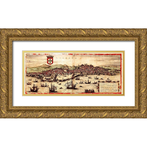 Lisbon Portugal Gold Ornate Wood Framed Art Print with Double Matting by Hogenberg, Braun