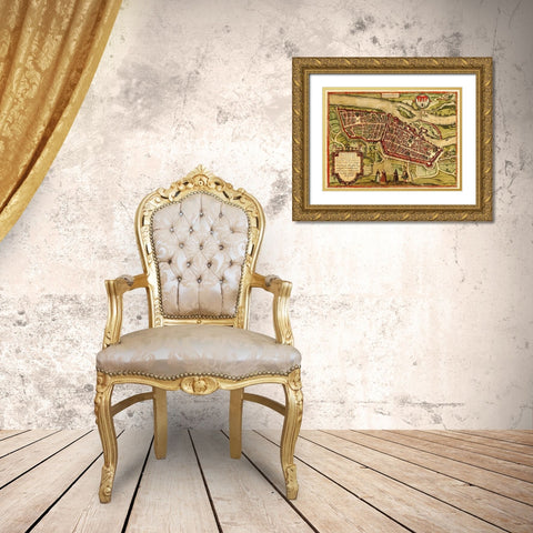 Magdeburg Germany Gold Ornate Wood Framed Art Print with Double Matting by Hogenberg, Braun