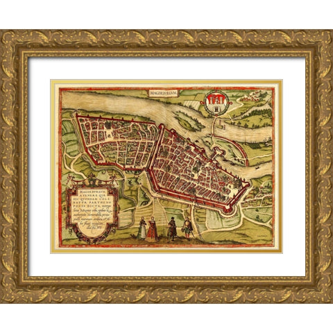 Magdeburg Germany Gold Ornate Wood Framed Art Print with Double Matting by Hogenberg, Braun