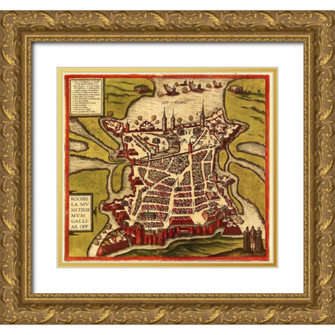 La Rochelle France Gold Ornate Wood Framed Art Print with Double Matting by Hogenberg, Braun