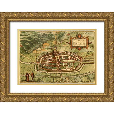 Kalkar Germany Gold Ornate Wood Framed Art Print with Double Matting by Hogenberg, Braun