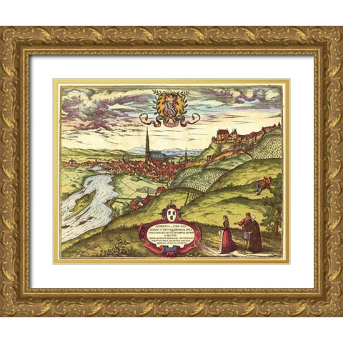 Landshut Germany Gold Ornate Wood Framed Art Print with Double Matting by Hogenberg, Braun