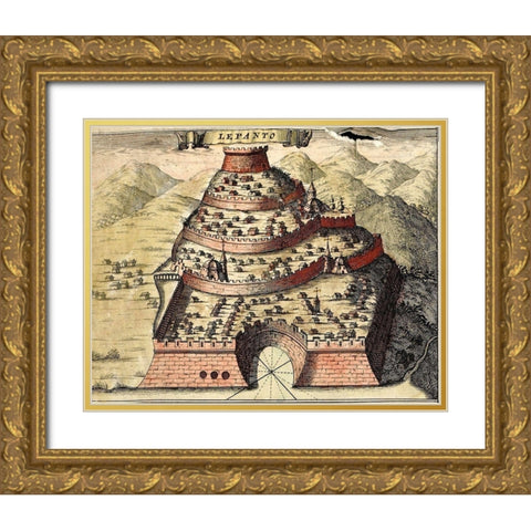 Lepanto Greece Gold Ornate Wood Framed Art Print with Double Matting by Hogenberg, Braun