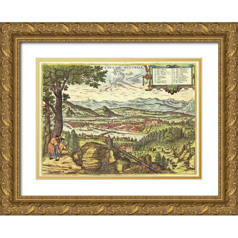 Linz Austria Gold Ornate Wood Framed Art Print with Double Matting by Hogenberg, Braun