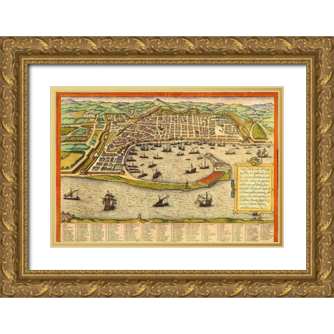 Messina Italy Gold Ornate Wood Framed Art Print with Double Matting by Hogenberg, Braun