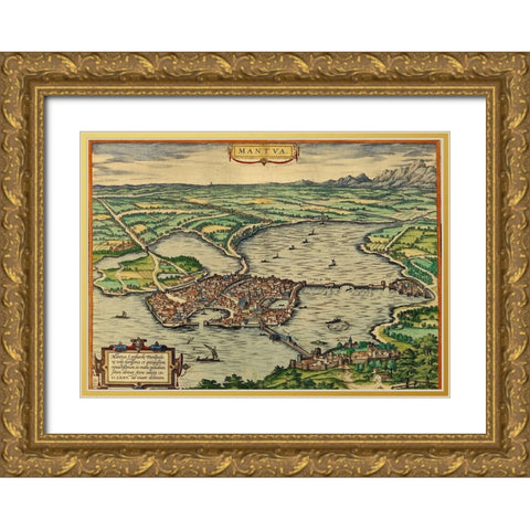 Mantua Italy Gold Ornate Wood Framed Art Print with Double Matting by Hogenberg, Braun