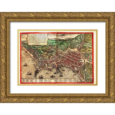 Naples Napoli Italy Gold Ornate Wood Framed Art Print with Double Matting by Hogenberg, Braun