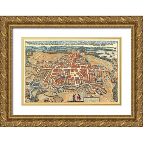 Odense Denmark Gold Ornate Wood Framed Art Print with Double Matting by Hogenberg, Braun