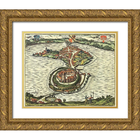 Ratzeburg Germany Gold Ornate Wood Framed Art Print with Double Matting by Hogenberg, Braun