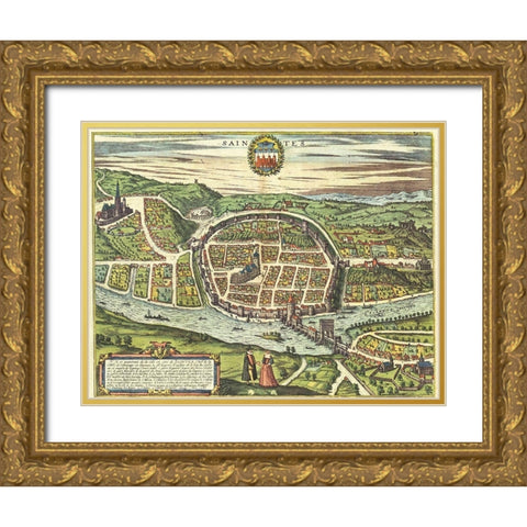 Saintes France Gold Ornate Wood Framed Art Print with Double Matting by Hogenberg, Braun