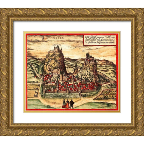 Sion Switzerland Gold Ornate Wood Framed Art Print with Double Matting by Hogenberg, Braun