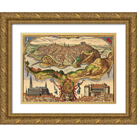 Toledo Spain Gold Ornate Wood Framed Art Print with Double Matting by Hogenberg, Braun