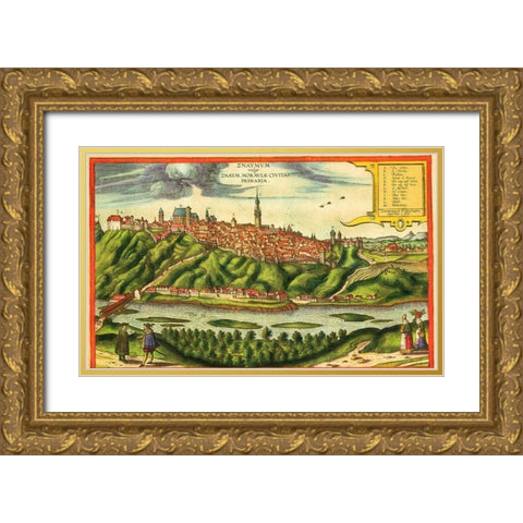 Znojmo Czech Republic Gold Ornate Wood Framed Art Print with Double Matting by Hogenberg, Braun