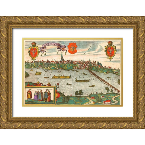 Warsaw Poland Gold Ornate Wood Framed Art Print with Double Matting by Hogenberg, Braun