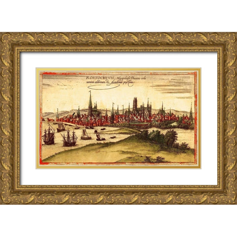 Wismar Germany Gold Ornate Wood Framed Art Print with Double Matting by Hogenberg, Braun