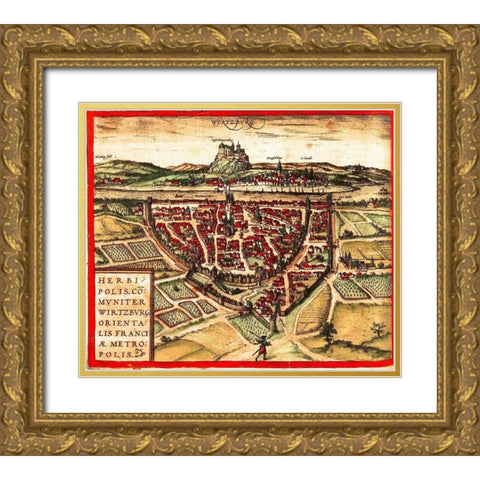 Wurzburg Germany Gold Ornate Wood Framed Art Print with Double Matting by Hogenberg, Braun