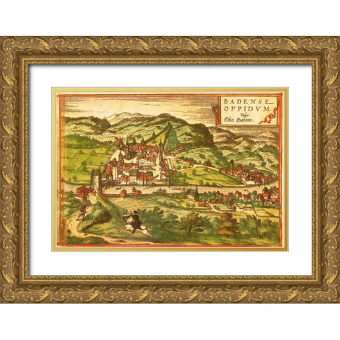 Baden Spa Switzerland Gold Ornate Wood Framed Art Print with Double Matting by Hogenberg, Braun