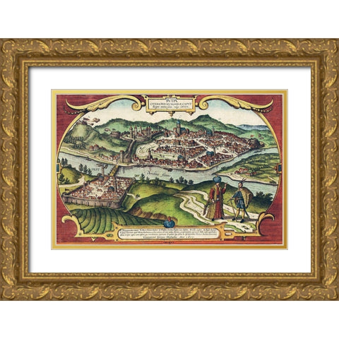 Buda Hungary Gold Ornate Wood Framed Art Print with Double Matting by Hogenberg, Braun