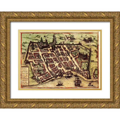 Bordeaux France Gold Ornate Wood Framed Art Print with Double Matting by Hogenberg, Braun
