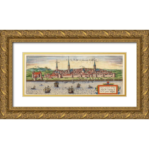 Riga Latvia Gold Ornate Wood Framed Art Print with Double Matting by Hogenberg, Braun