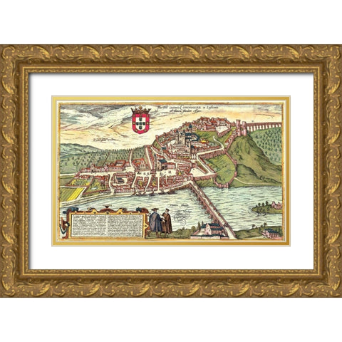 Coimbra Portugal Gold Ornate Wood Framed Art Print with Double Matting by Hogenberg, Braun