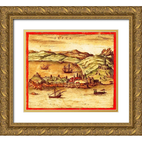 Ceuta Spain Gold Ornate Wood Framed Art Print with Double Matting by Hogenberg, Braun
