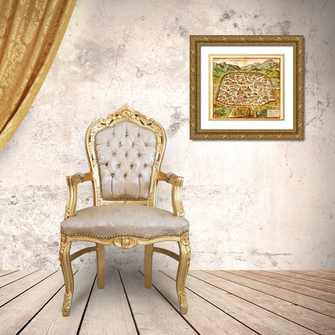 Damascus Syria Gold Ornate Wood Framed Art Print with Double Matting by Hogenberg, Braun