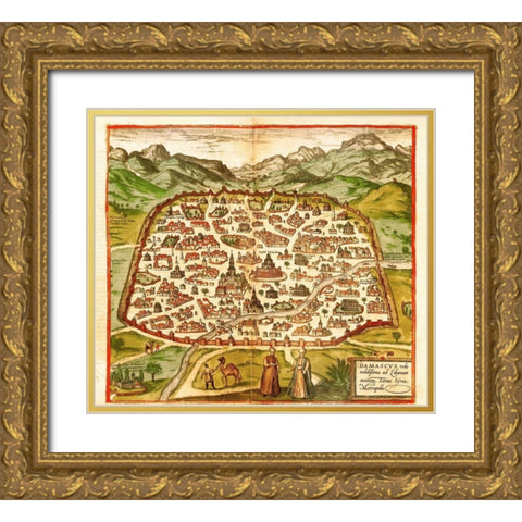 Damascus Syria Gold Ornate Wood Framed Art Print with Double Matting by Hogenberg, Braun