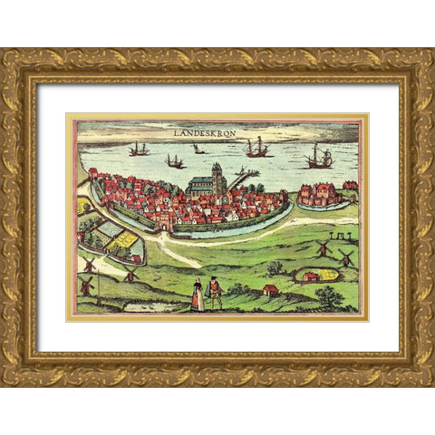Denmark Gold Ornate Wood Framed Art Print with Double Matting by Hogenberg, Braun