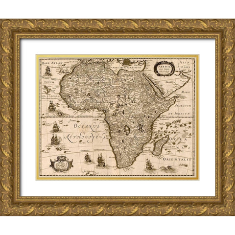 Africa 1640 Gold Ornate Wood Framed Art Print with Double Matting by Hondius, Joducus
