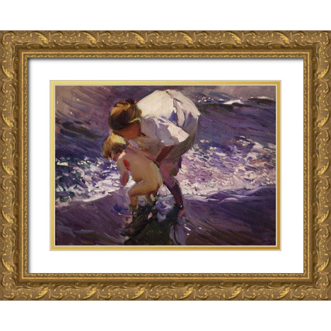 Bathroom on the beach Gold Ornate Wood Framed Art Print with Double Matting by Sorolla, Joaquin