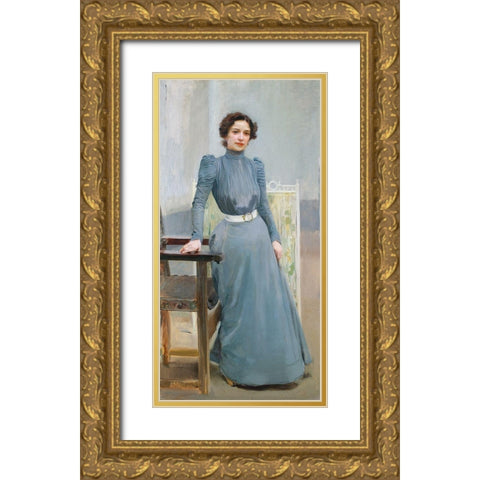 Clotilde in a grey dress Gold Ornate Wood Framed Art Print with Double Matting by Sorolla, Joaquin