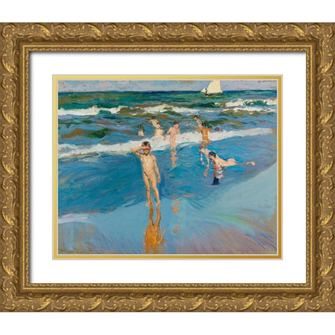 Children in the Sea-Valencia Beach Gold Ornate Wood Framed Art Print with Double Matting by Sorolla, Joaquin