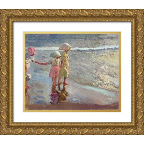 The three sisters on the beach Gold Ornate Wood Framed Art Print with Double Matting by Sorolla, Joaquin