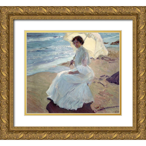 Clotilde on the Beach Gold Ornate Wood Framed Art Print with Double Matting by Sorolla, Joaquin