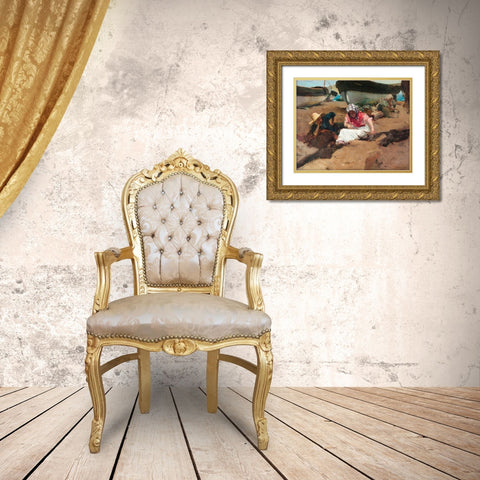 Mending the Nets Gold Ornate Wood Framed Art Print with Double Matting by Sorolla, Joaquin