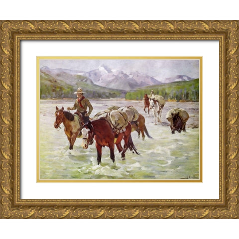 An Easy Fording Gold Ornate Wood Framed Art Print with Double Matting by Rungius, Carl